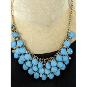 Teal beaded necklace 20" rhinestones bling bib gold tone